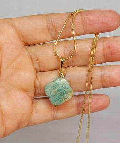 Amazonit Taşı Kolye Ucu Yonca Temalı Altın Kaplama Zincirli (49806)