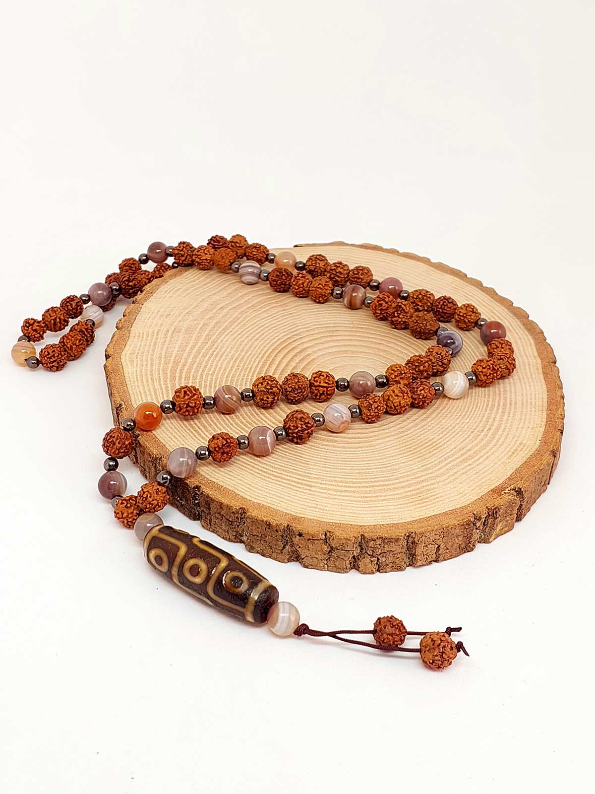 Tibet & Botswana Akik Taşlı Dokuz Göz Sembollü Rudraksha Unisex Kolye 8mm - Görsel 4