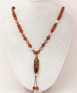 Tibet & Botswana Akik Taşlı Dokuz Göz Sembollü Rudraksha Unisex Kolye 8mm