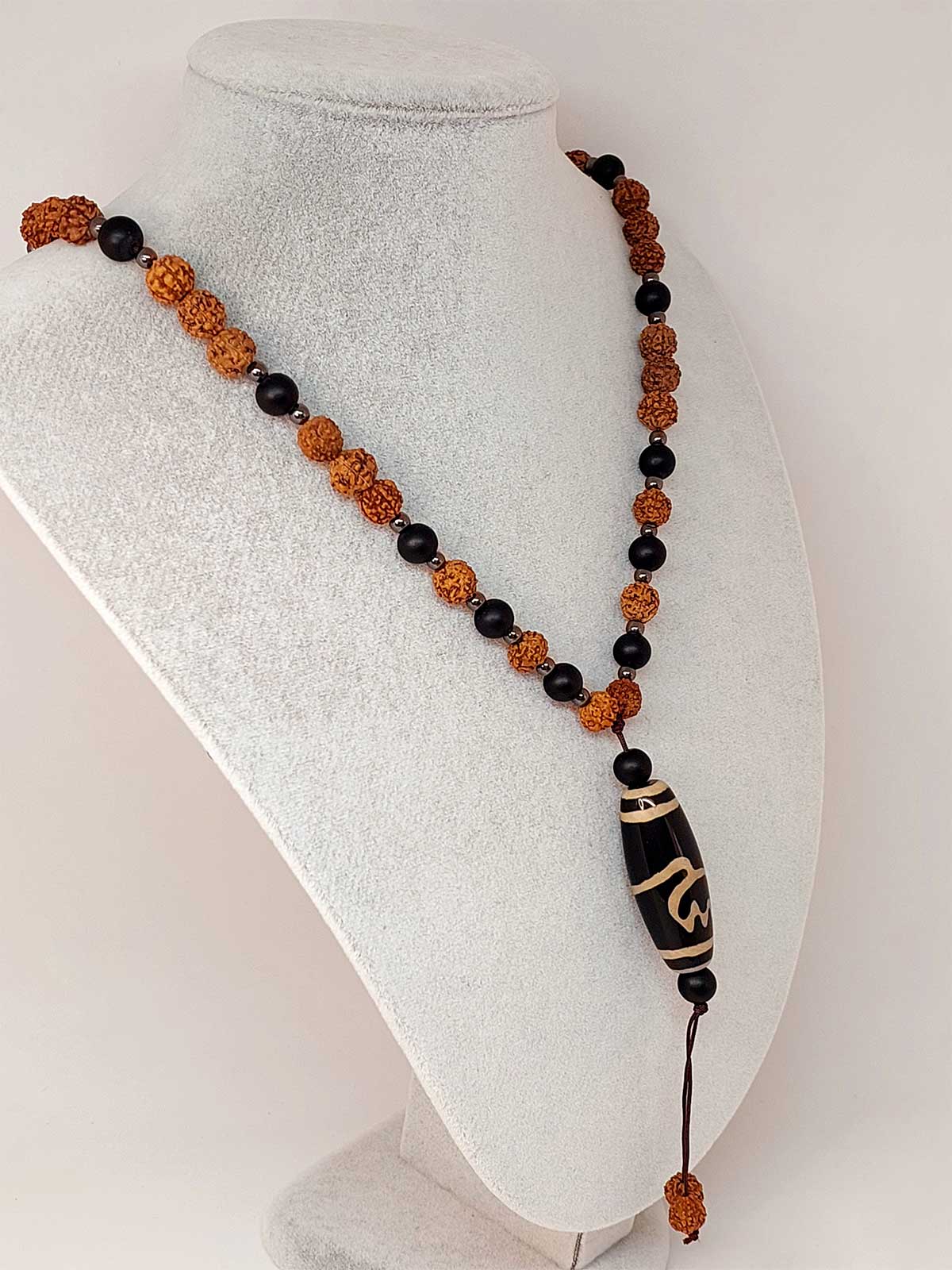 Tibet Akik & Oniks Taşlı Lotus Sembollü Rudraksha Unisex Kolye 8mm - Görsel 2