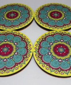 Mandala Desenli Ahşap Bardak Altlığı Seti 4'lü