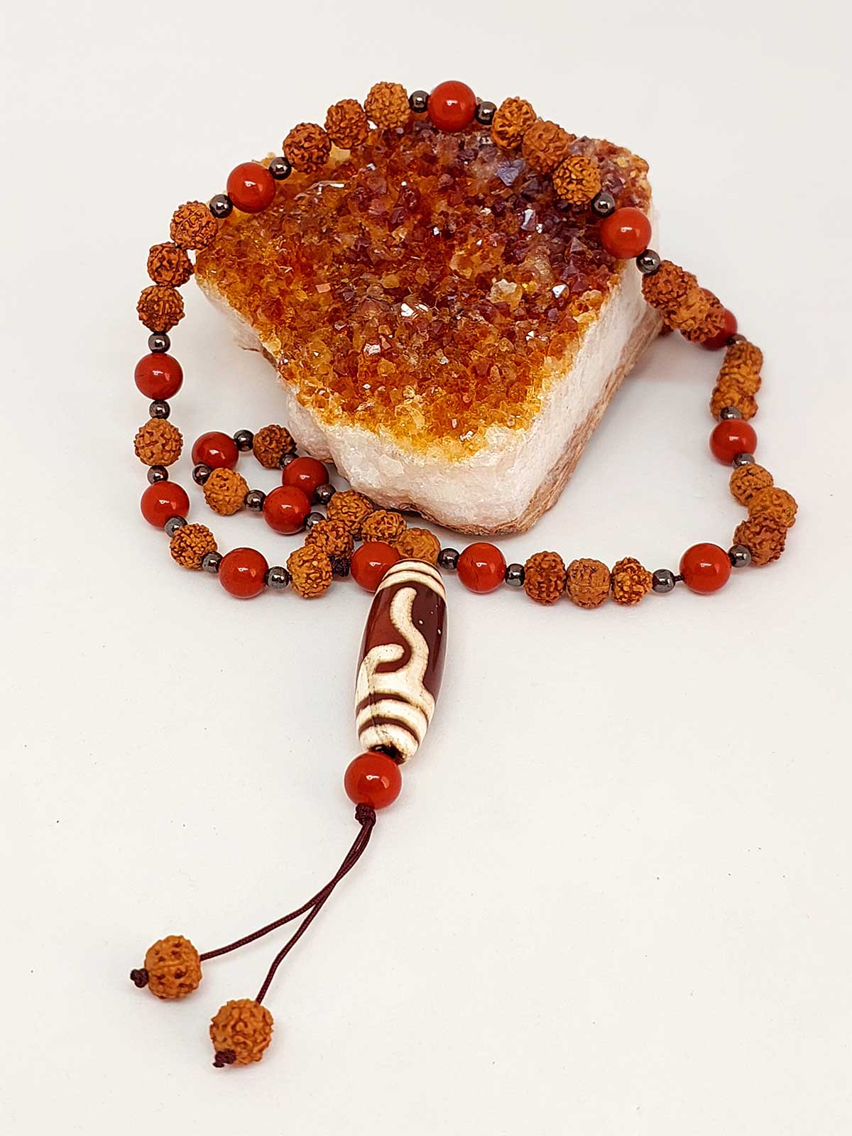 Tibet Akik & Jasper Taşlı Para Kancası Sembollü Rudraksha Unisex Kolye 8mm - Görsel 6