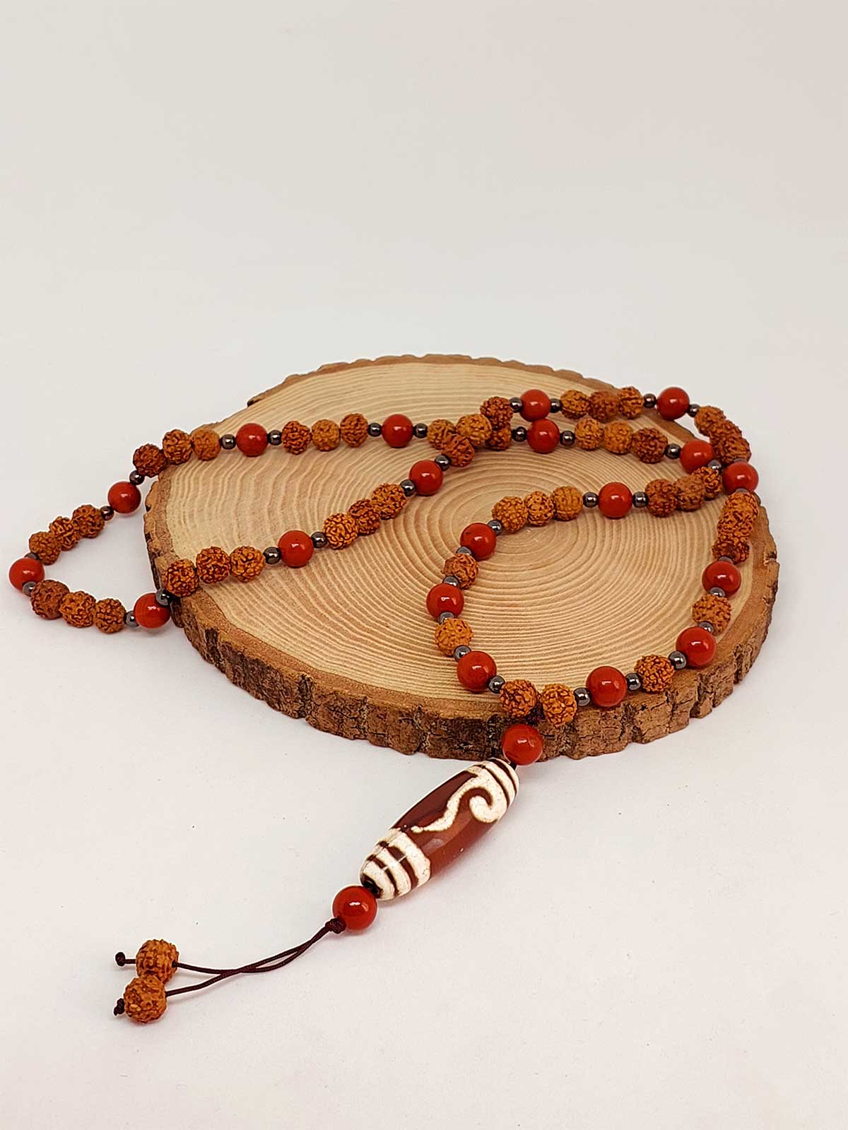 Tibet Akik & Jasper Taşlı Para Kancası Sembollü Rudraksha Unisex Kolye 8mm - Görsel 5