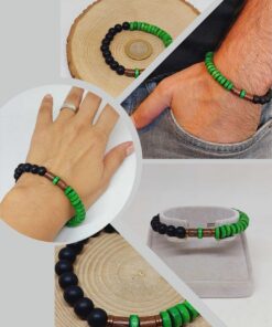 Ahşap Yeşil Renkli & Oniks Taşı 8mm Unisex Tasarım Bileklik Hawaii Model (11121)